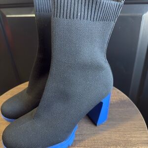 Lola Casademunt Black Sock Booties w/ Blue Block Heel – Statement Ankle Boots